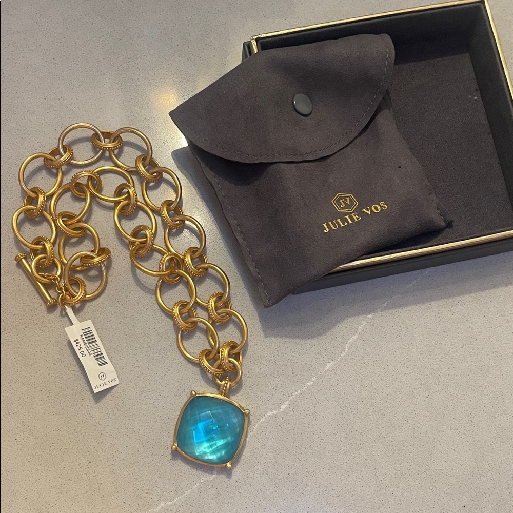 Julie Vos Antonia Gold Necklace with Iridescent Bahamian Blue Pendant NWT